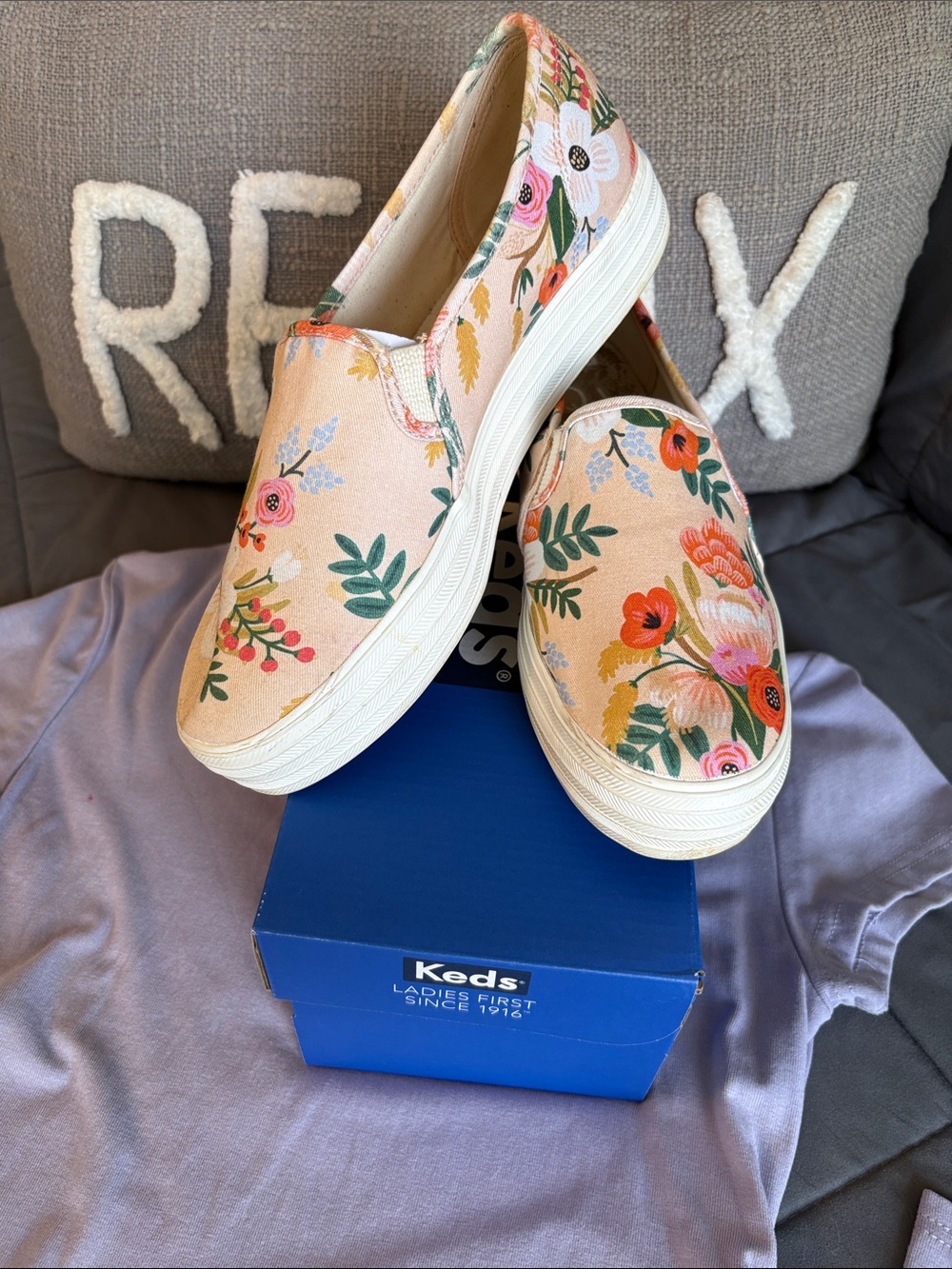 Rifle Paper Co. Women's Triple Decker Slip-On Sneakers in Cream Floral Keds 8.5